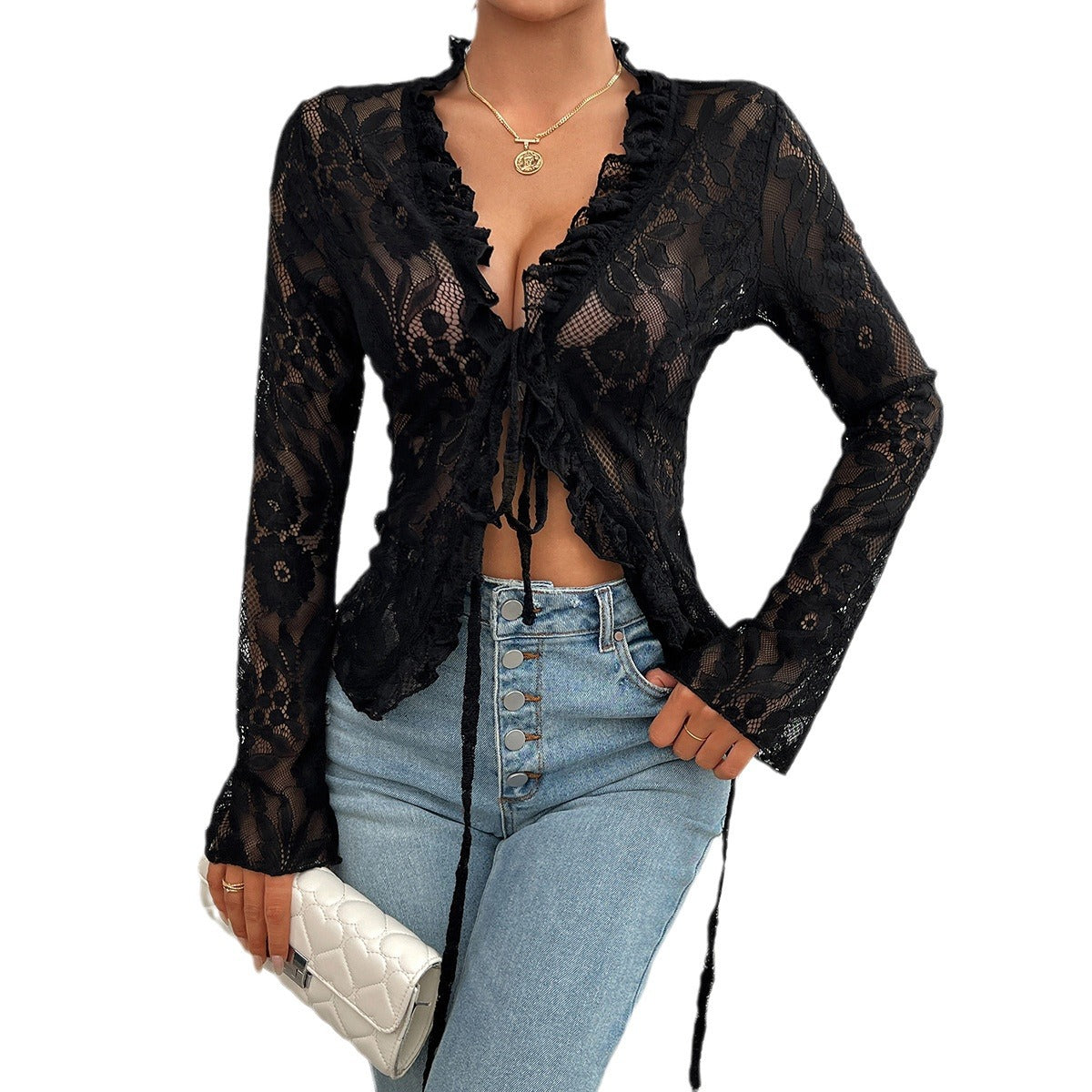 Classic Women's Sexy Slim Long Sleeve Lace Shirt, Chiffon Shirt