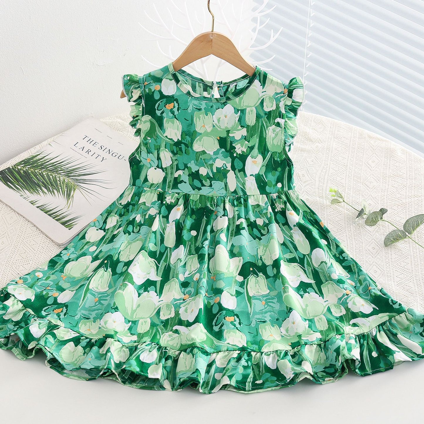 Sweet Little Flounced Sleeve Cotton Silk Summer Thin Cool Rayon Children's Dress