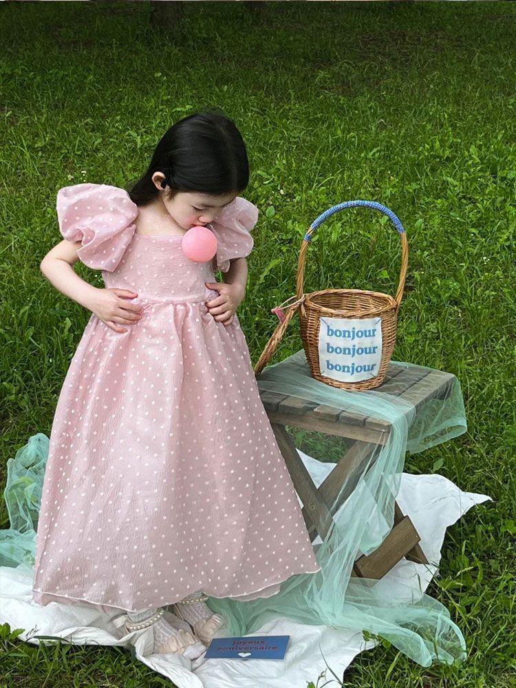 Polka Dot Pearlescent Yarn Little Puff Sleeve Children's Dress