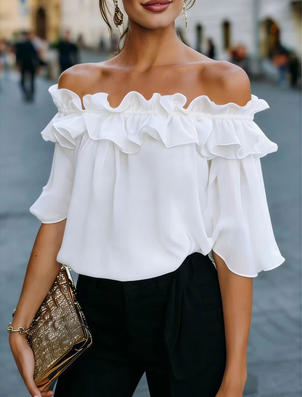 Women's Summer Fashion Fresh Pink Casual Ruffled Lace Shirt, Chiffon Shirt