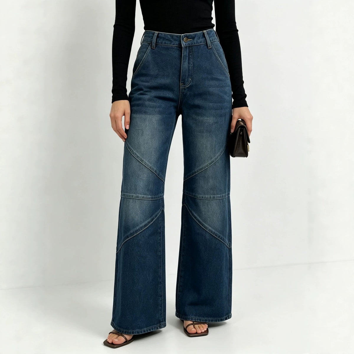 Women's Fashionable Pleated Washed High Street Straight Women's Jeans