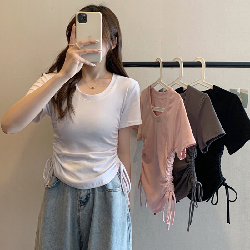 Women's Neck Drawstring Slimming Short-sleeved Design Sense Korean Slim Bottoming Shirt Women's T-shirt