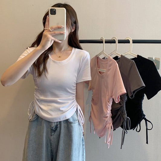 Women's Neck Drawstring Slimming Short-sleeved Design Sense Korean Slim Bottoming Shirt Women's T-shirt