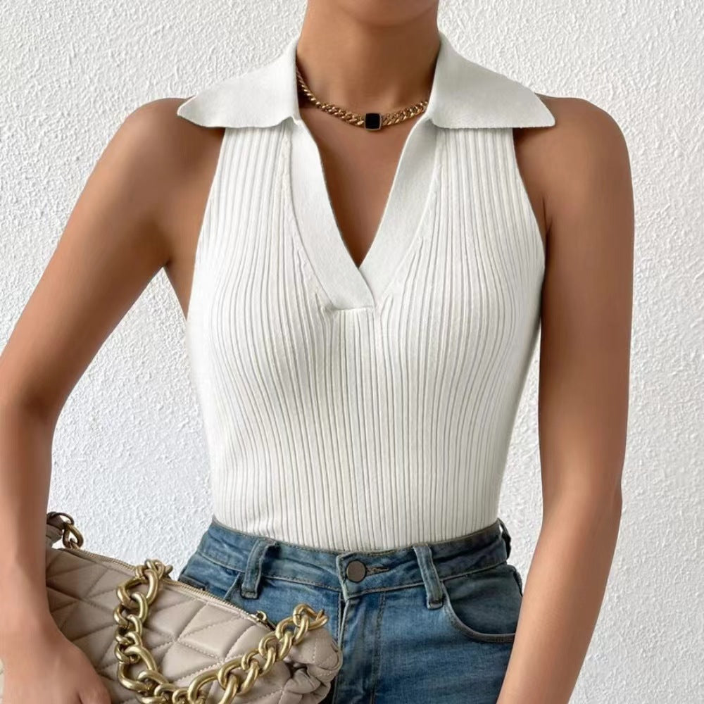 Women's Summer Solid Color Collar Casual Slim Sleeveless Knitted Shorts