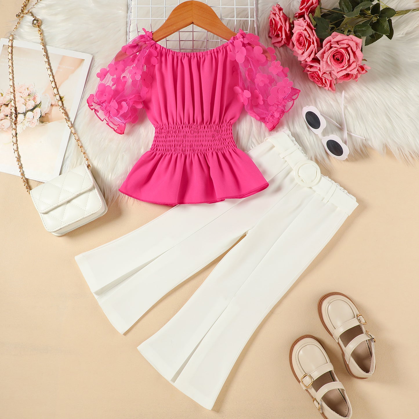 Mesh Puff Sleeve Smocking Top Solid Color Flared Pants Belt Children's Suit