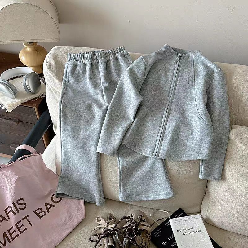 Children's Style Sweater Zipper Coat Bell-bottom Pants Stand Collar Two-piece Children's Suit