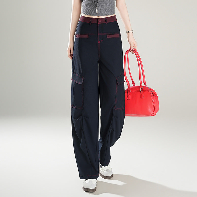 Contrast Color Overalls High Waist Slimming Loose Mop Machete Casual Pants