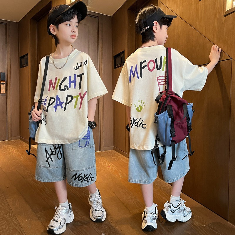Short-sleeved Denim Medium Large Boy Thin Type Children's Suit