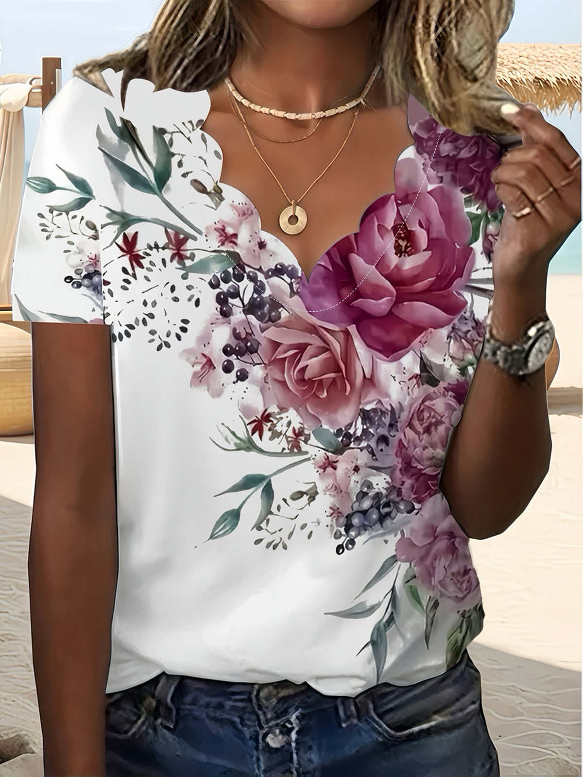 Slouchy Women's Summer Floral Wave Sleeve Large Size T-shirt
