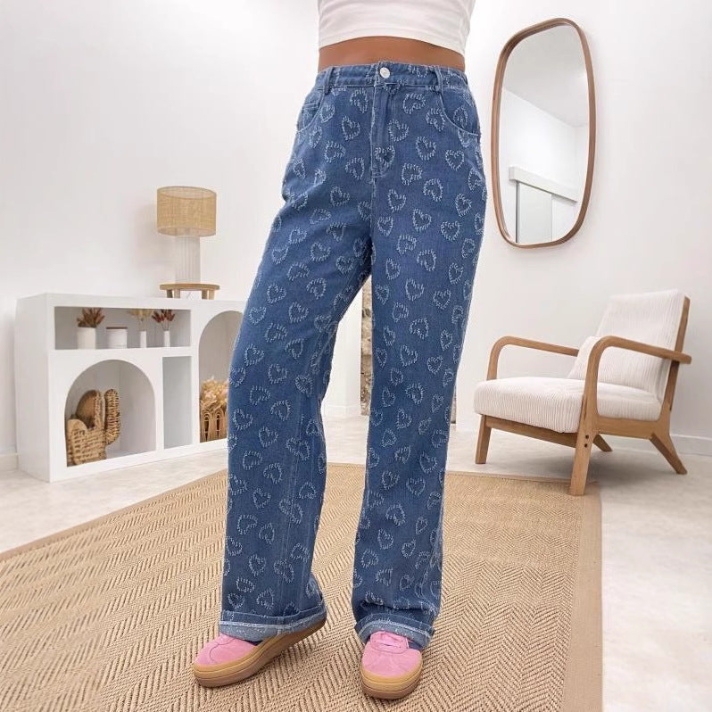 Spring Love Crocheted Washed Trousers High Waist Leisure Women's Jeans