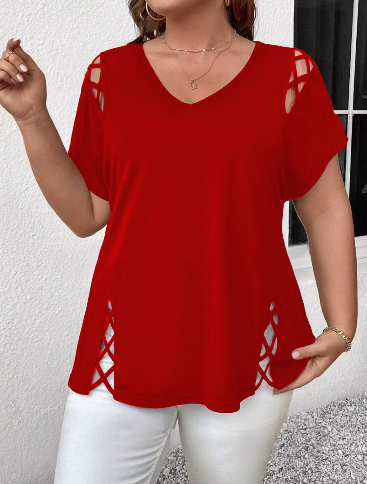Women's Summer Solid Color Cross Sleeve Slimming Large Size T-shirt
