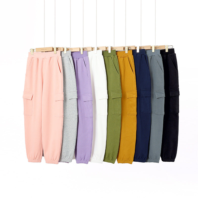 Korean Style Boys Medium Big Solid Color Sports Overalls Female Children's Pants