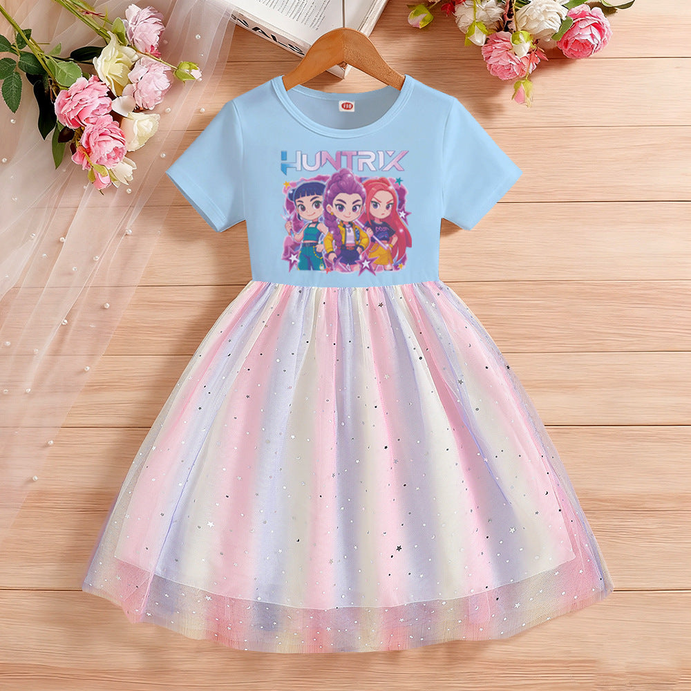 Children's Short Sleeve Clothing Gauze Rainbow Princess Skirt Children's Dress
