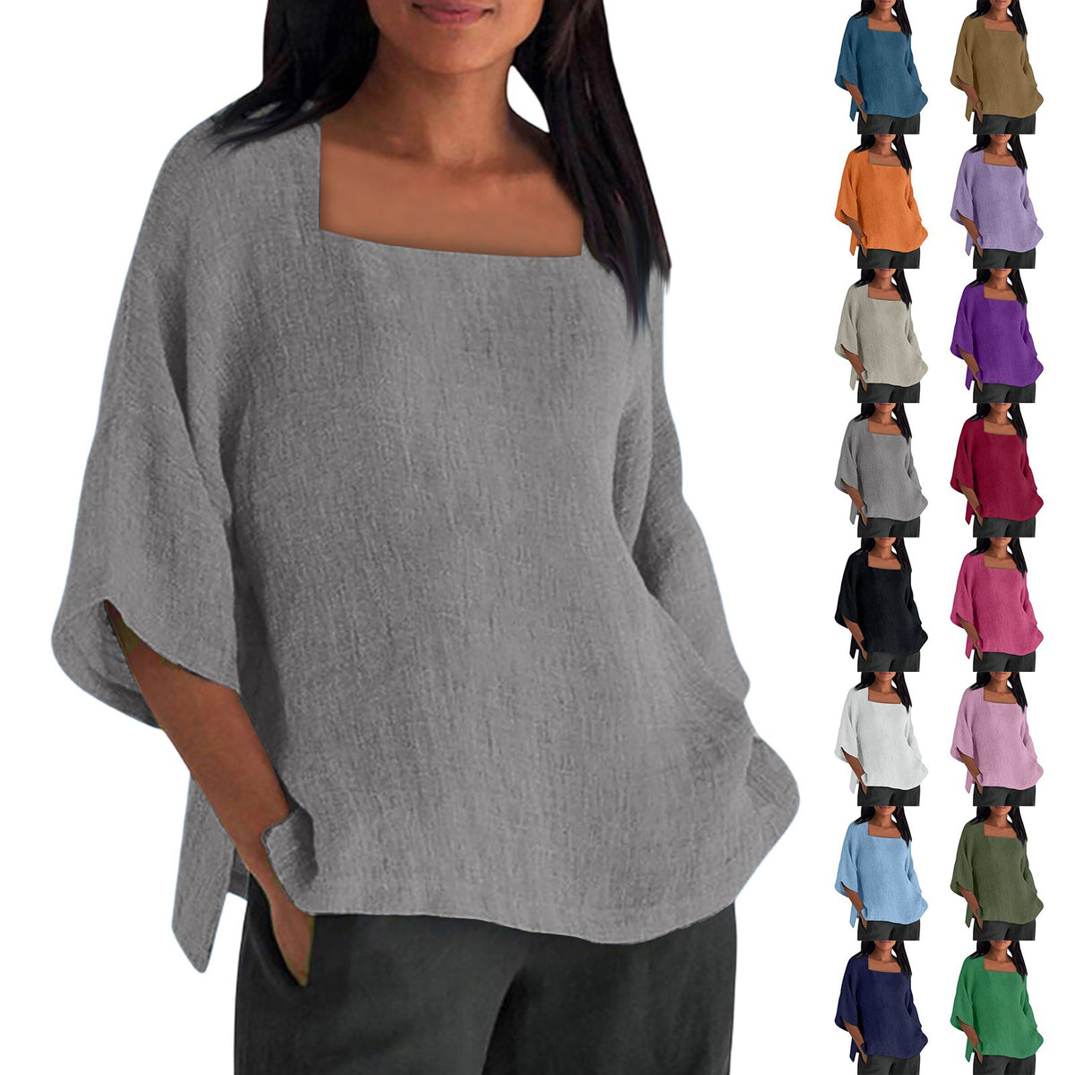 Women's Three-quarter Sleeve Square Collar Cotton Linen Blouse
