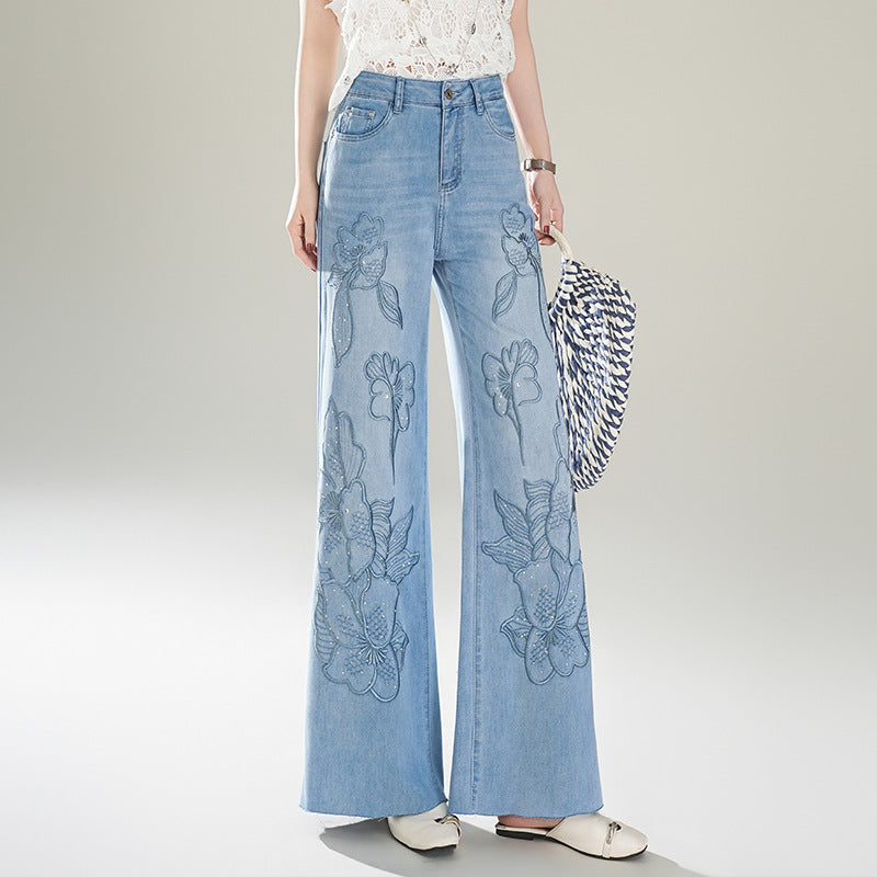 Embroidered Hot Fix Rhinestone Personalized Lengthened Mop Casual Pants