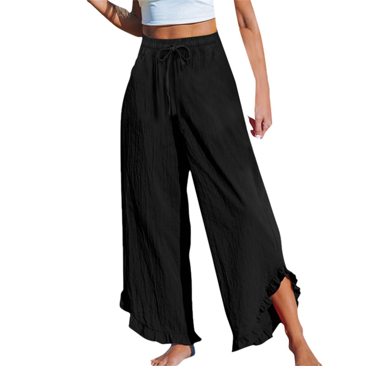 Women's High Waist Pleating Irregular Trousers Cotton Linen Casual Pants