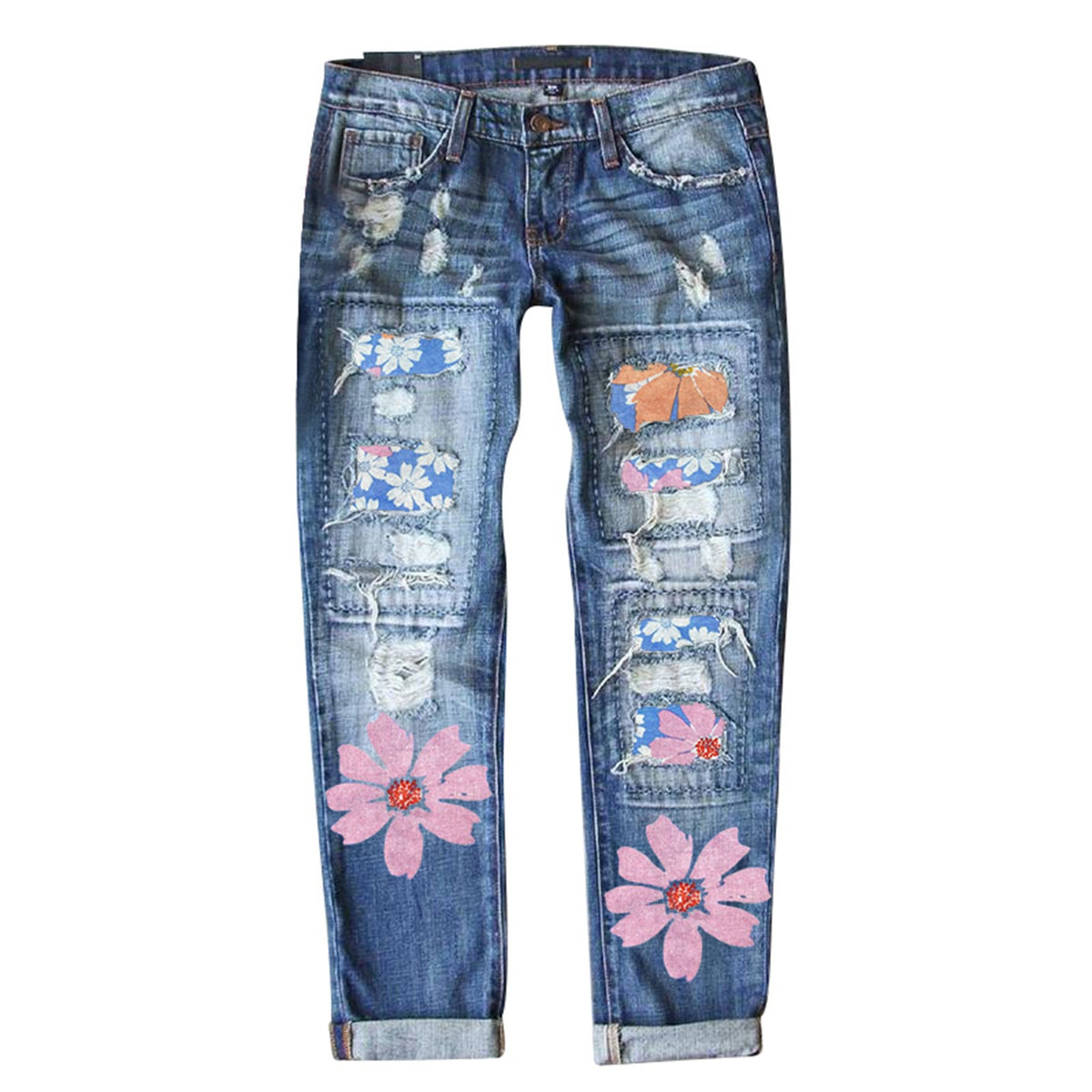 Women's Fashion Holes Printed Patch Washed Straight Jeans