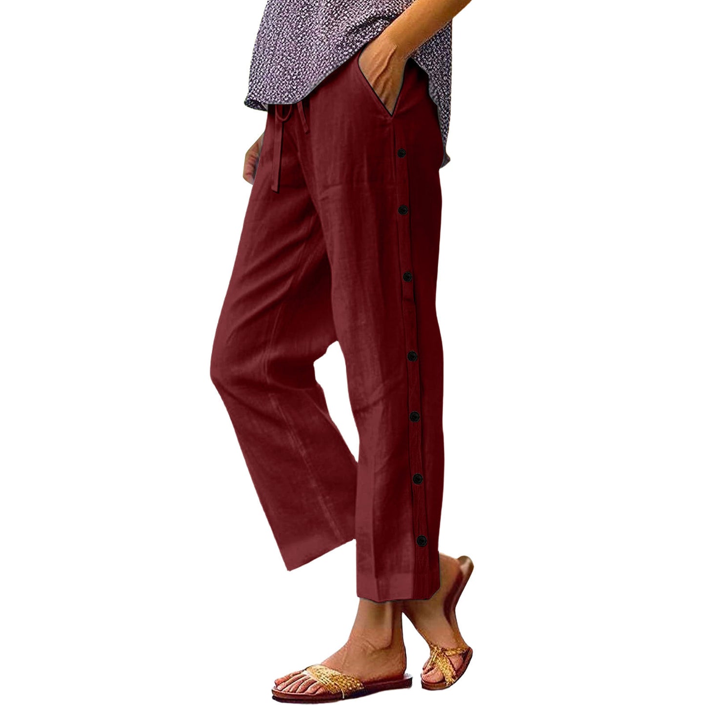 Women's Cropped Side Seam Decorative Buckle Pocket High Waist Pants