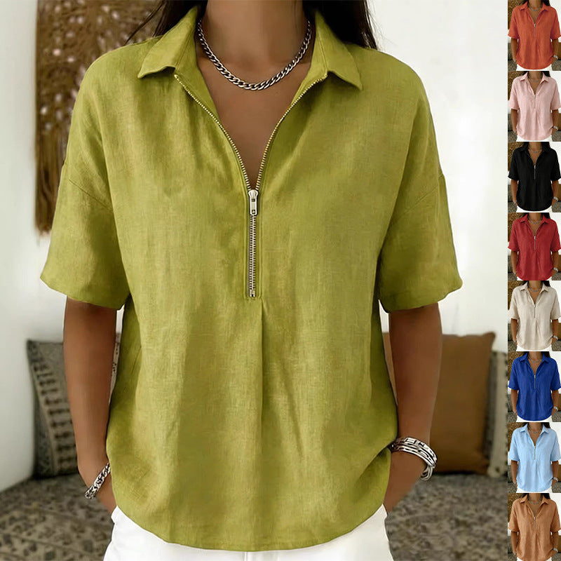 Women's Summer Shirt Fashion Solid Color Zipper Women's T-shirt