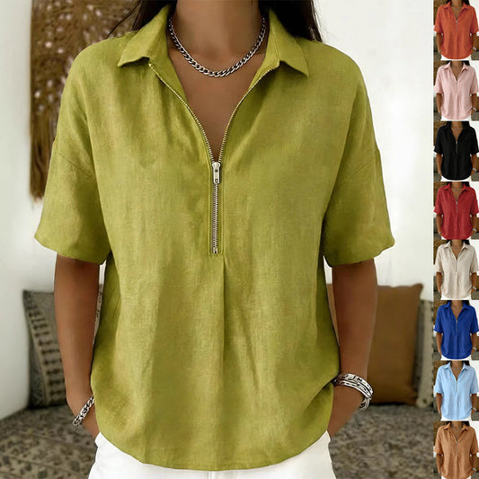 Women's Summer Shirt Fashion Solid Color Zipper Women's T-shirt