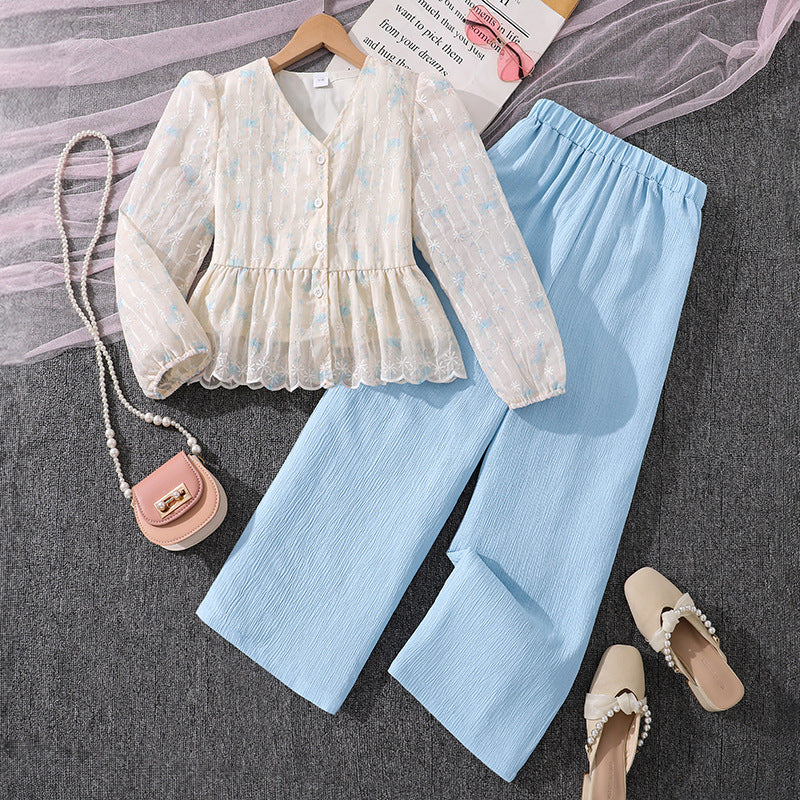 Children's Clothing Spring Fashion Sweet Temperament Lace Crocheted Long Sleeve Top Children's Suit