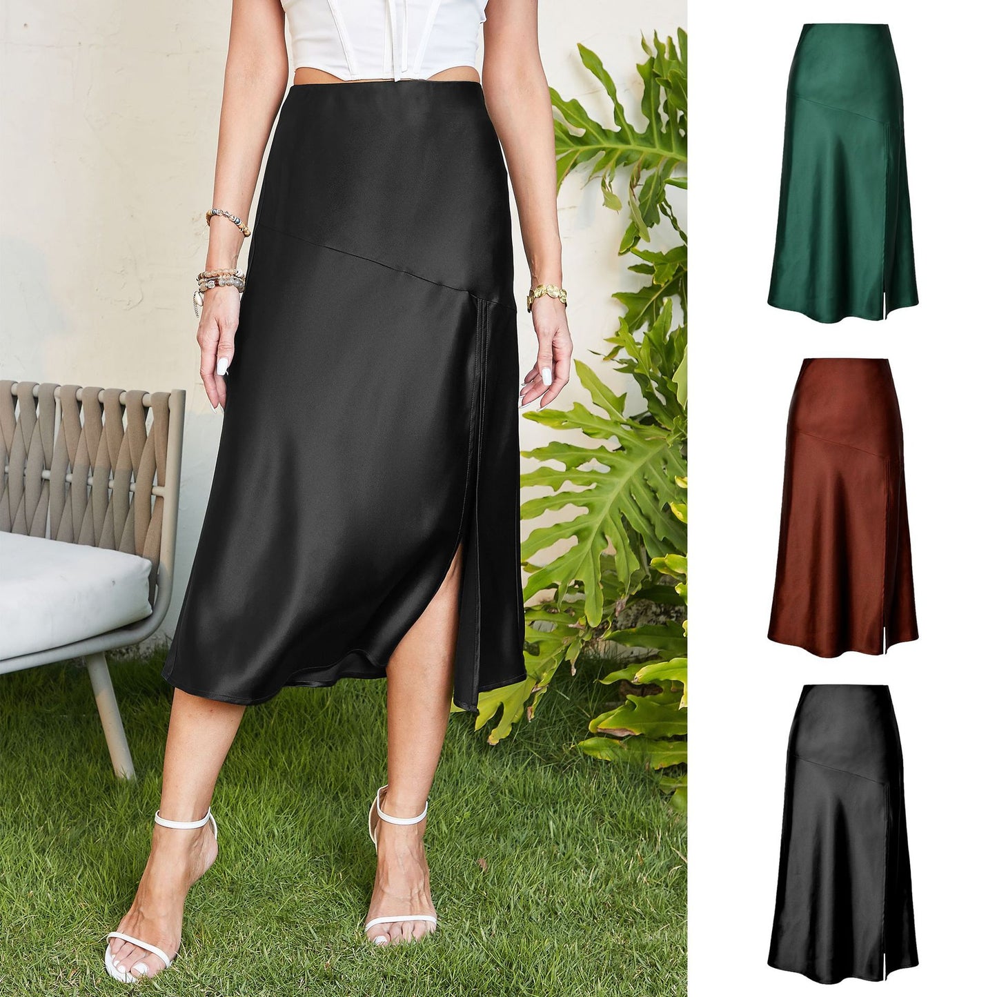 Women's Waist Glossy Satin Silky Pure Color Skirts
