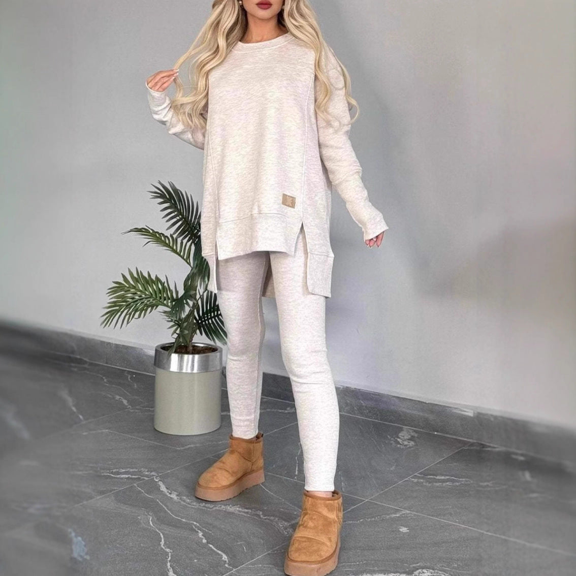 Women's Slit Long Sleeve Crew Neck Solid Color Fashion Casual Suit