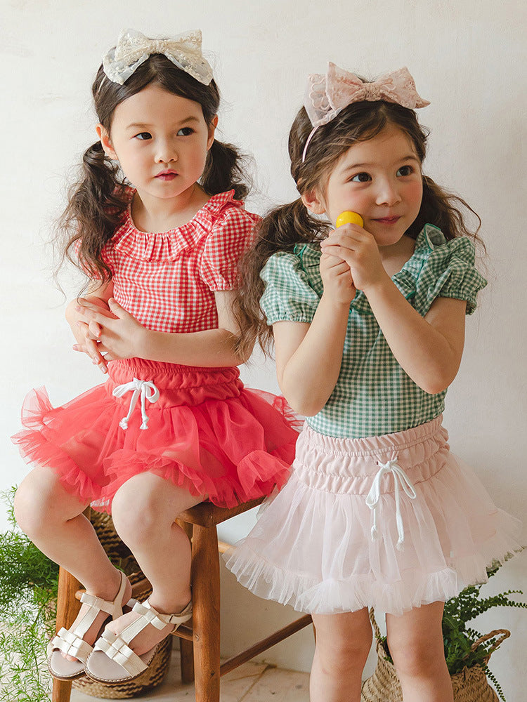 Summer Strawberry Shan Sweet Lady Plaid Round Neck Short Children's T-shirt