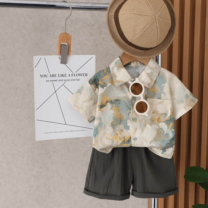 Children's Summer Clothing Shirt Outfit Handsome Clothes Short-sleeved Travel Out Children's Suit