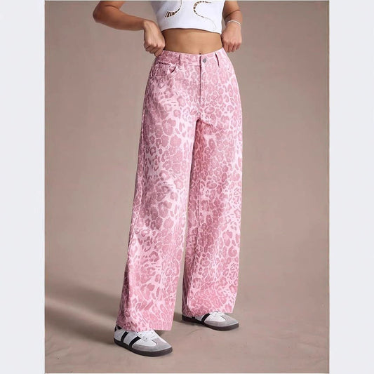 Women's Pink Leopard Summer Fashion Loose Casual Straight Pants