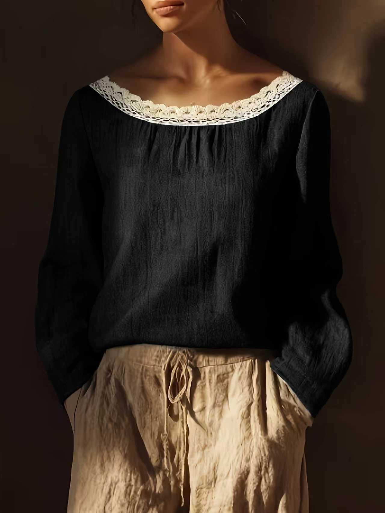 Women's Round Neck Lace Stitching Long Linen Sleeves Chinese Elegant Inner Women's T-shirt