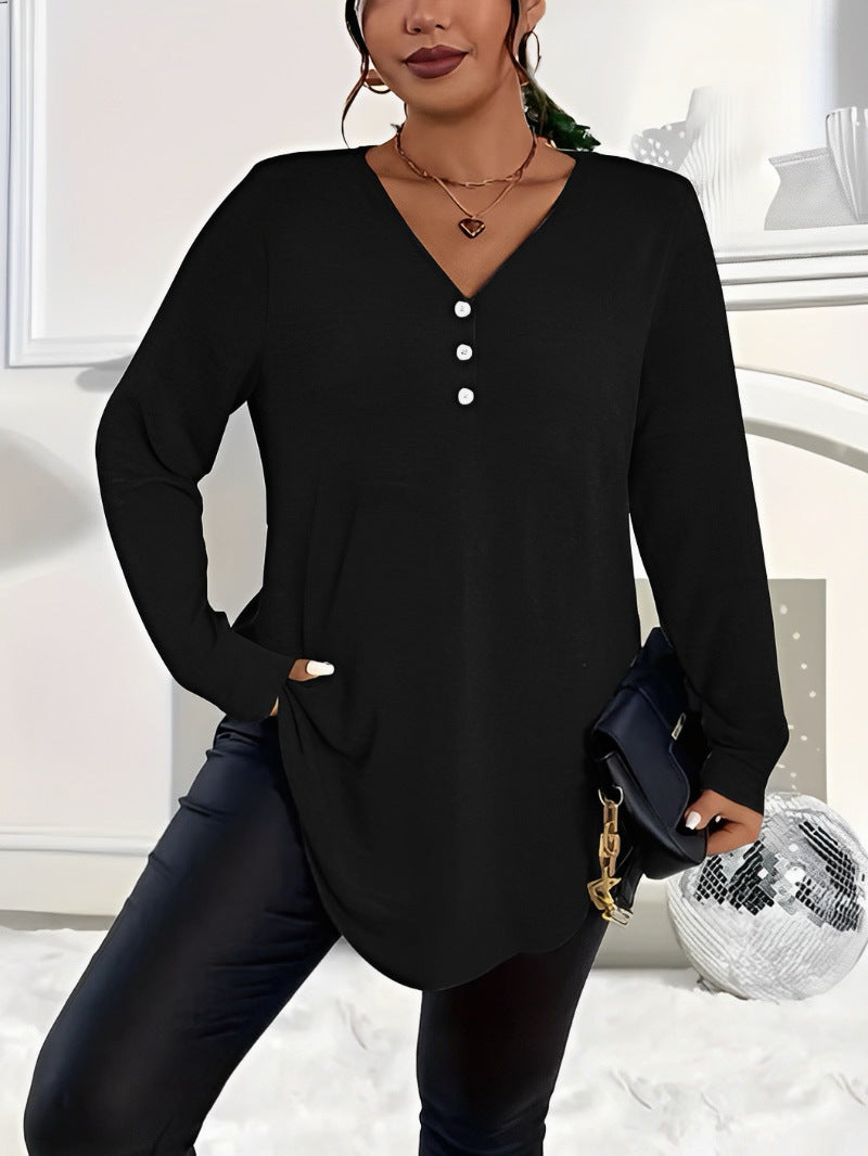 Women's Clothes Buttons Solid Color Long-sleeved Tops