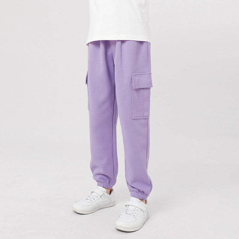 Korean Style Boys Medium Big Solid Color Sports Overalls Female Children's Pants