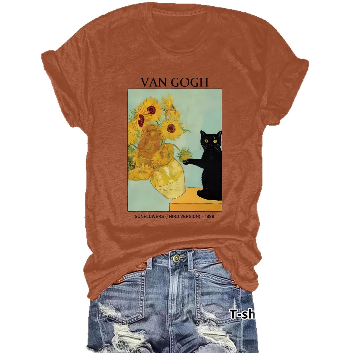 Women's Van Gogh Sunflower Cat Art Print Loose Casual Round Neck Women's T-shirt