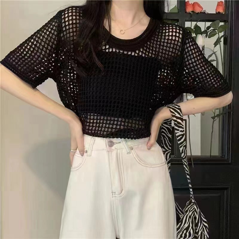 Women's Loose Sun Protection Shoulder Shirt Round Neck Mesh Hollow Women's T-shirt
