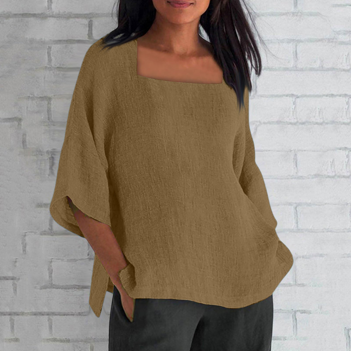 Women's Three-quarter Sleeve Square Collar Cotton Linen Blouse