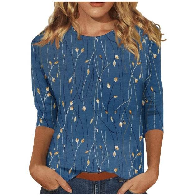 Women's Round Neck Sleeves Loose Print Women's T-shirt