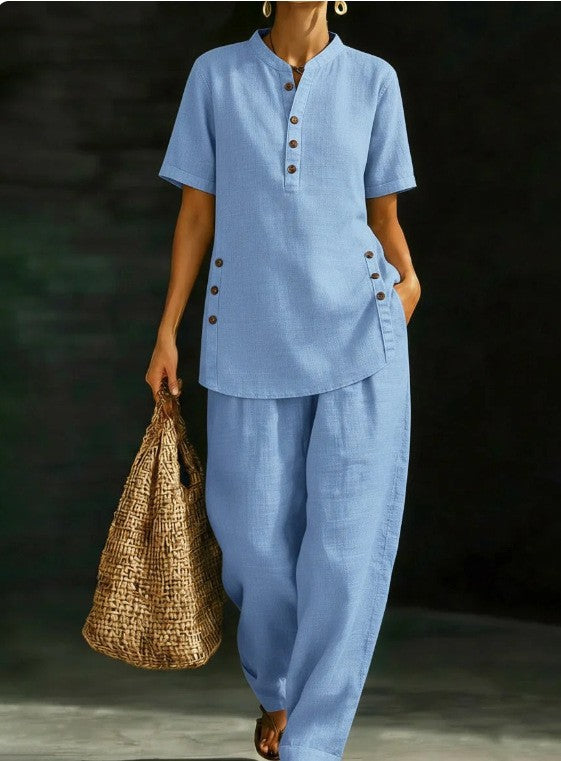 Button Shirt Wide Leg Linen Two-piece Fashion Casual Suit