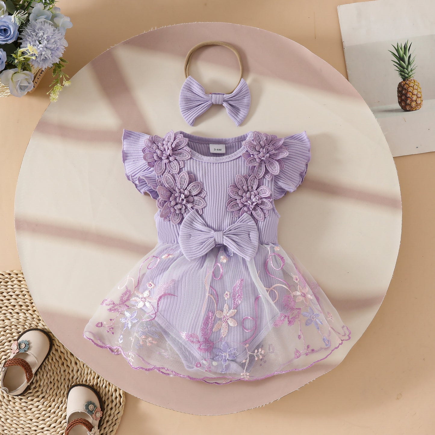 Flower Embroidery Mesh Princess Applique Sunken Stripe Children's Dress