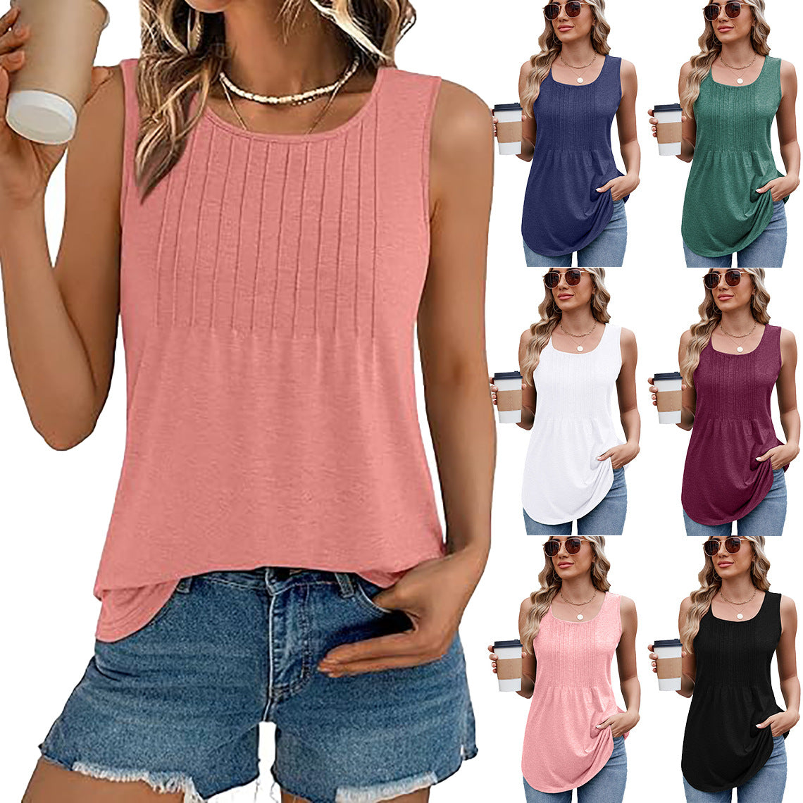 Women's Round Neck Striped Loose Sleeveless Solid Color Women's T-shirt