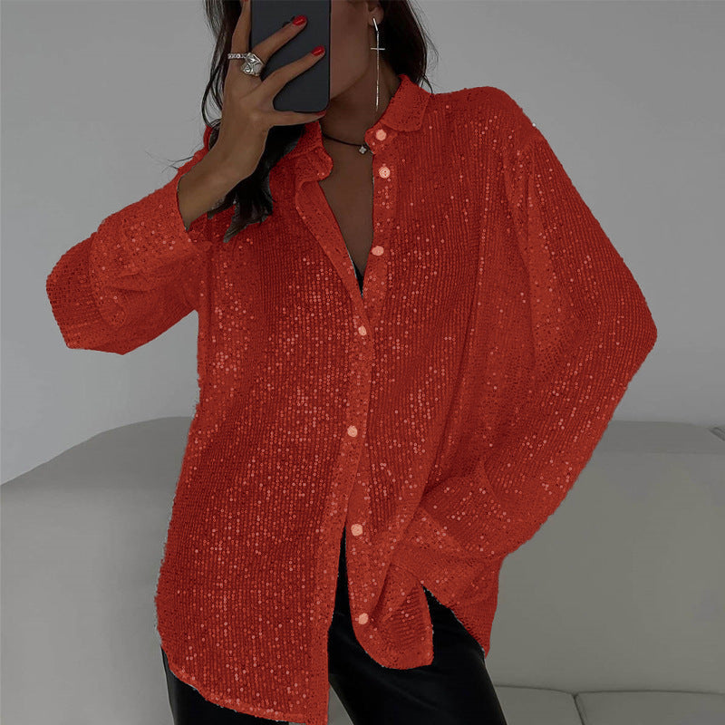 Women's Sequin Lapel Long Sleeve Basic Style Blouse