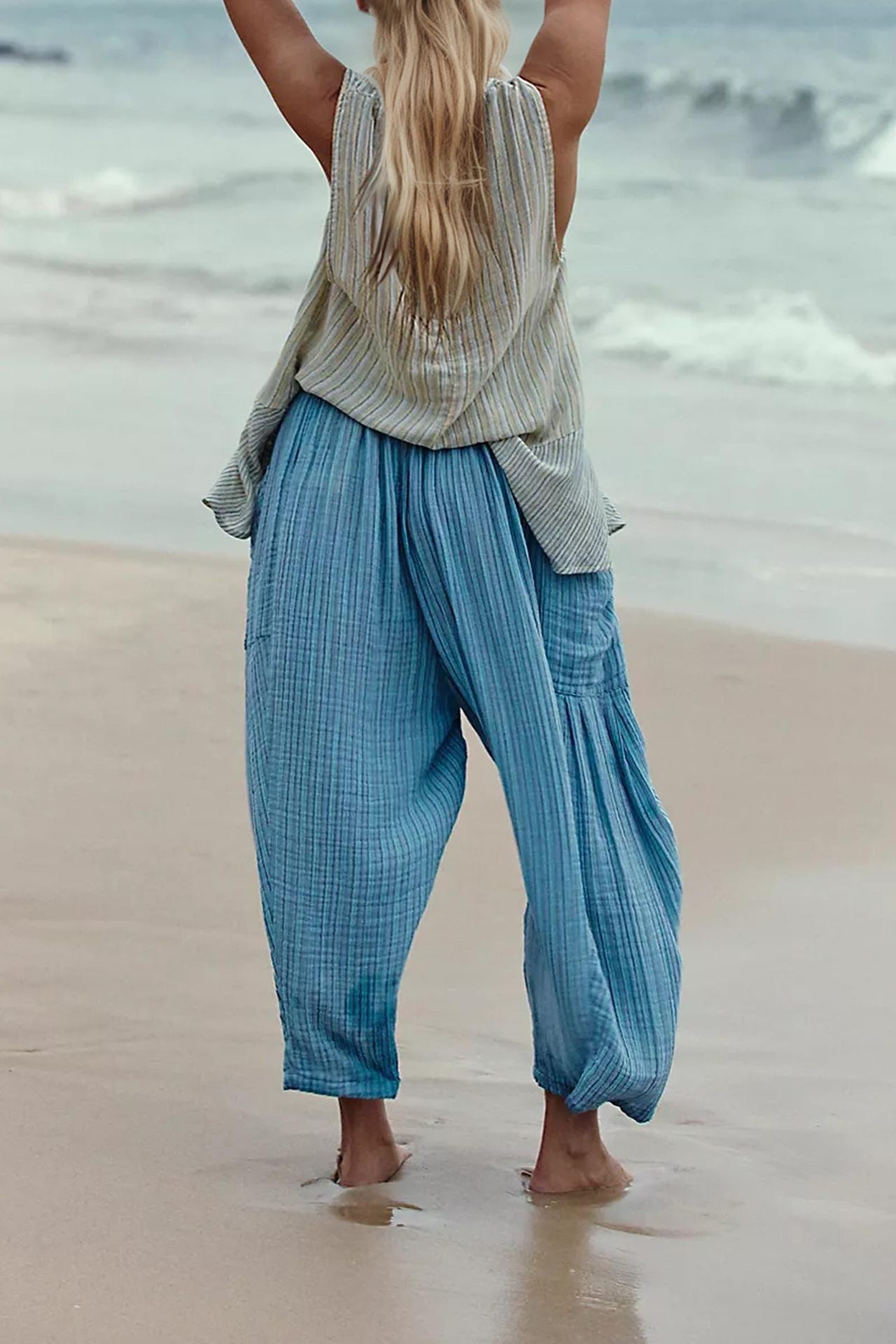 Women's Waist High Wide Leg Loose Cotton Linen Trousers Pants