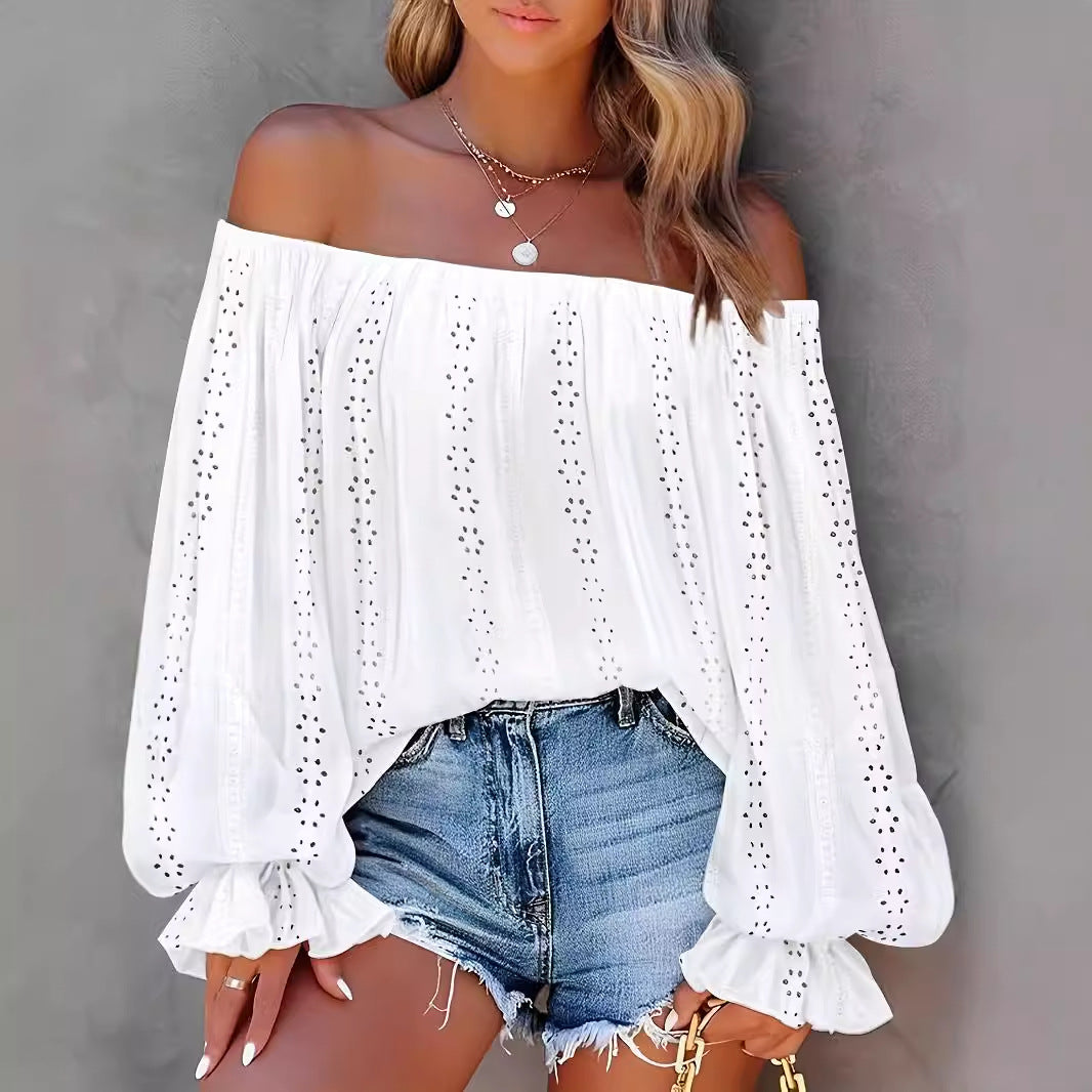 Women's Lantern Sleeve Long Always Collar Lace Shirt, Chiffon Shirt