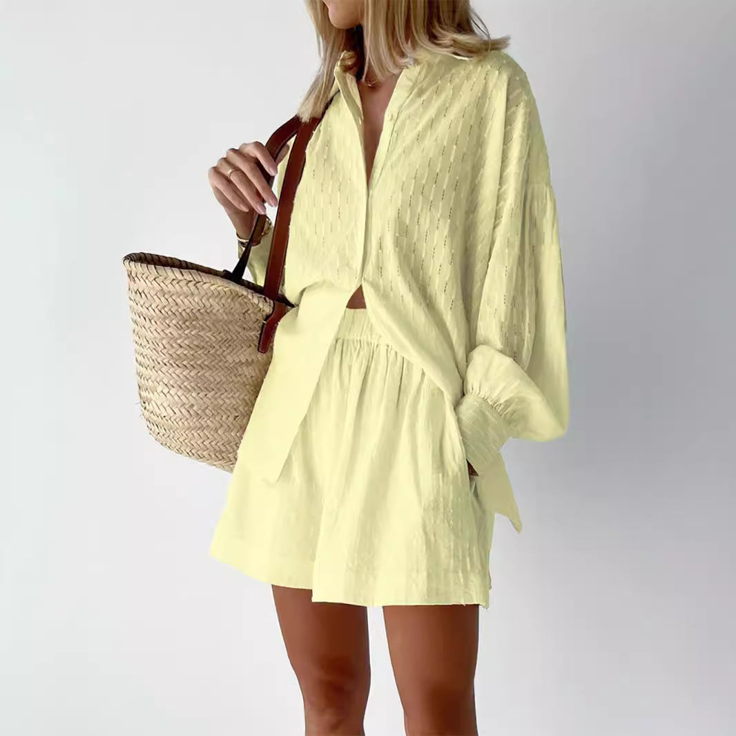 Women's Autumn Shirt Jacquard Puff Sleeve Commuter Fashion Casual Suit