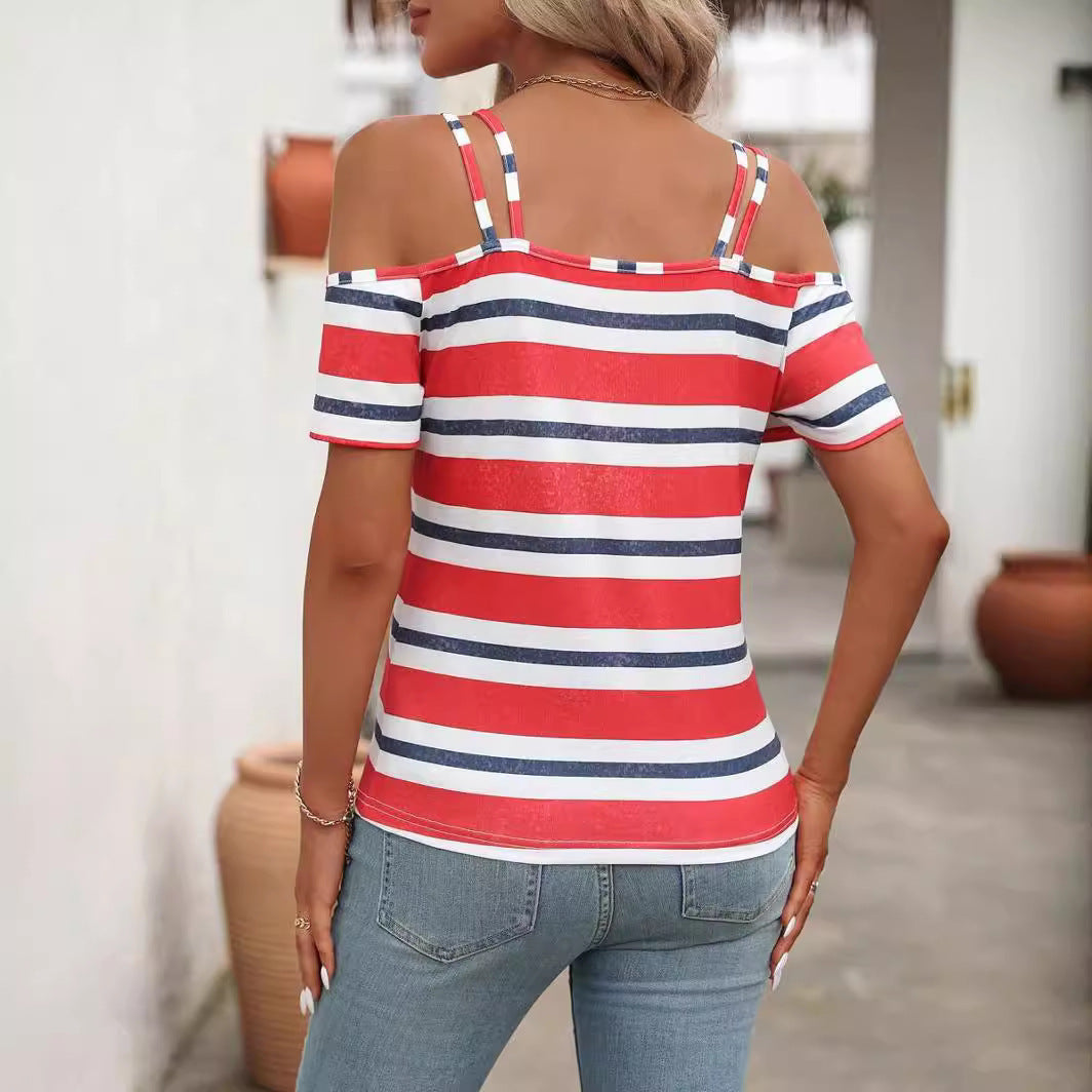 Women's Casual Contrast Color Striped Printed Strap Women's T-shirt