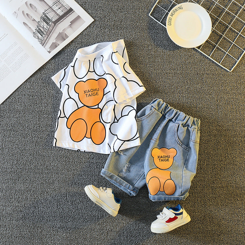 Children's Boy's Cartoon Printed Round Neck Short Sleeve T-shirt Personality Children's Suit