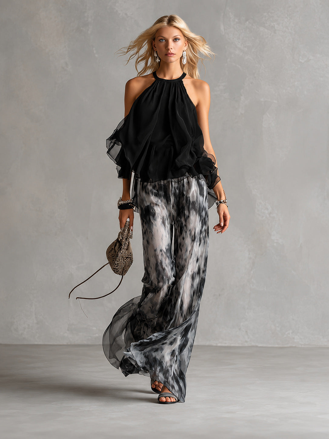 Classy Elegant Urban Camisole Printed Chiffon Pants
