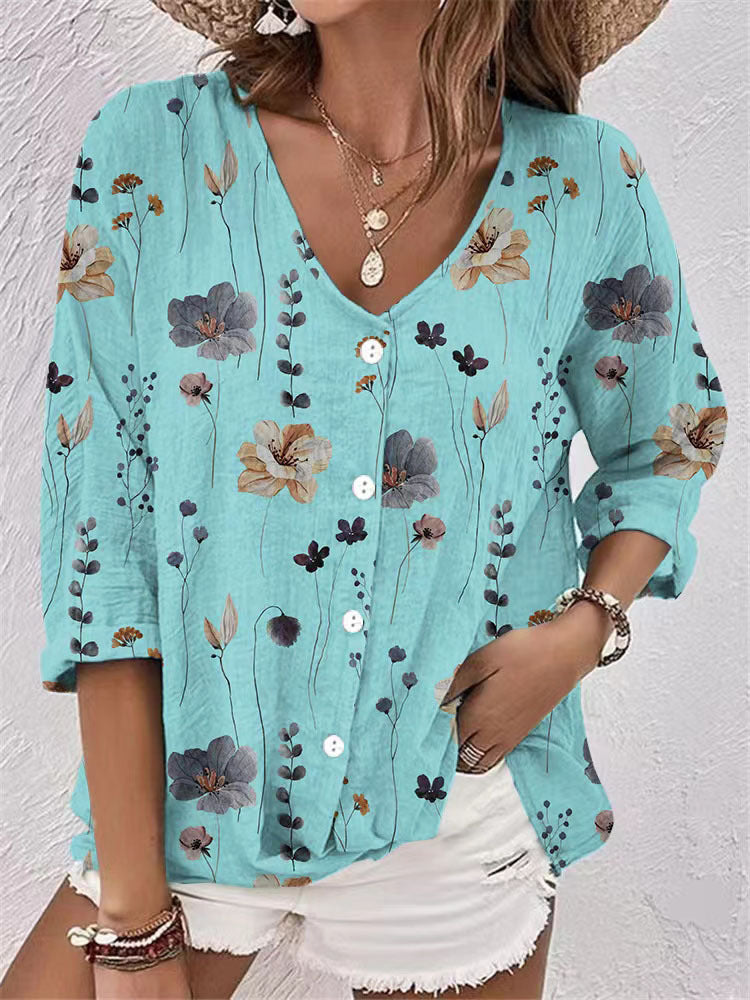 Casual Women's Buttons Printed Long Sleeve Lace Shirt, Chiffon Shirt