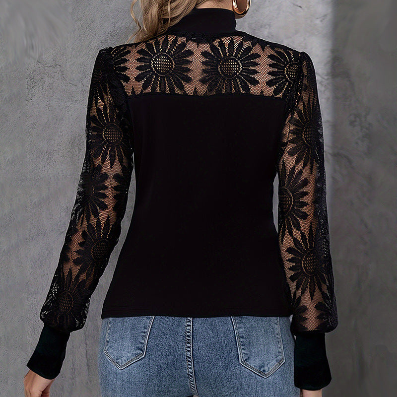 Women's Sexy Black Lace Neckline Embroidered Daily Commuter Long Tops
