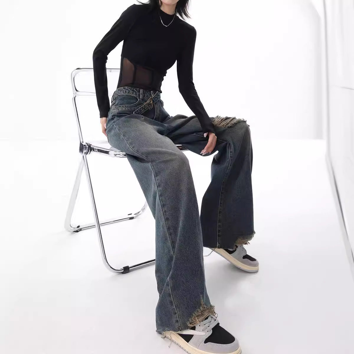 Early Autumn Ripped American Retro Raw Edges Design Loose Wide Jeans
